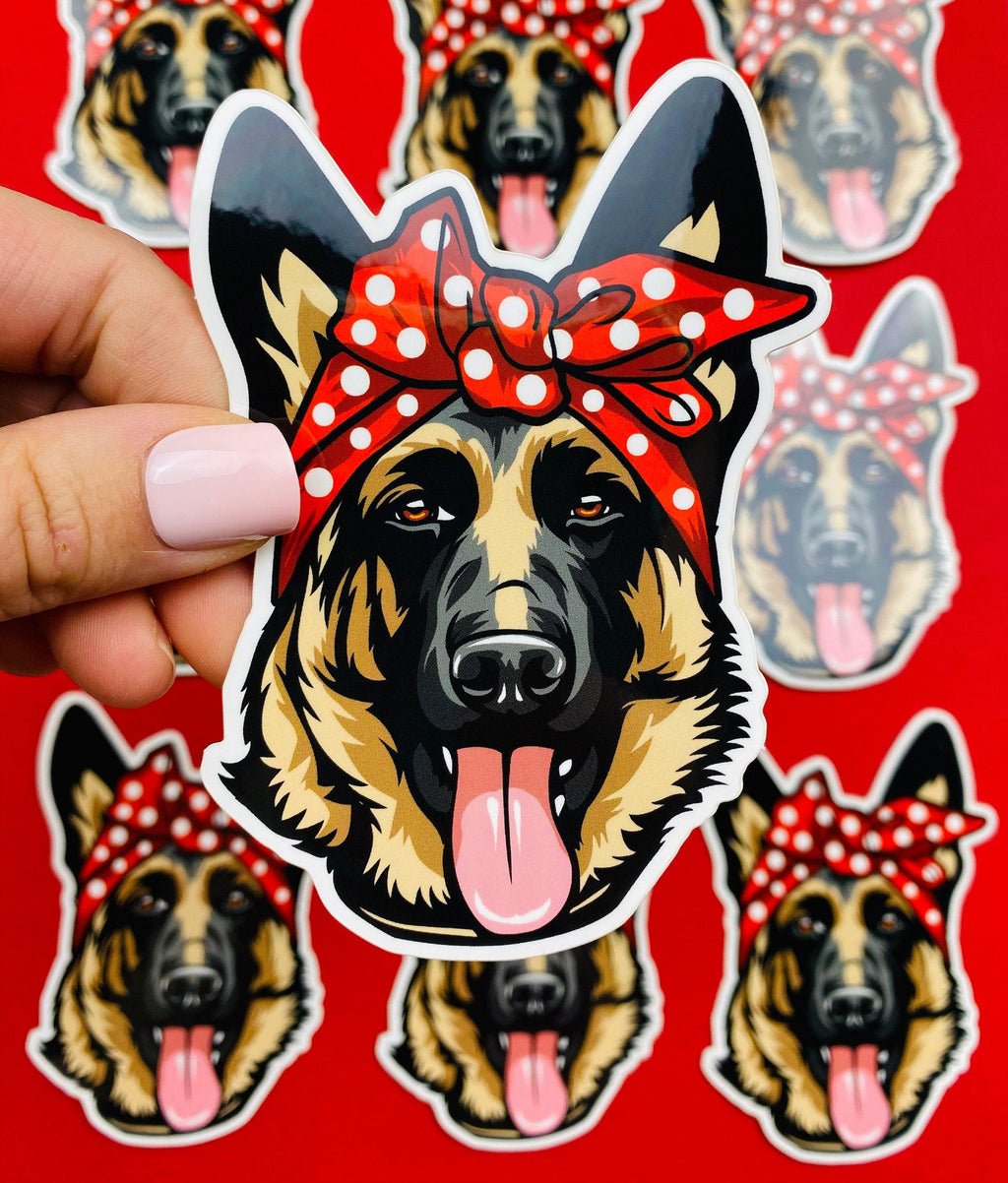 German Shepherd Sticker Red Polka Dot Bow Bandana Cute GSD Dog Decal for Car, Hydroflask, Gifts Under 5 for GSD Shepherd Mom Owner