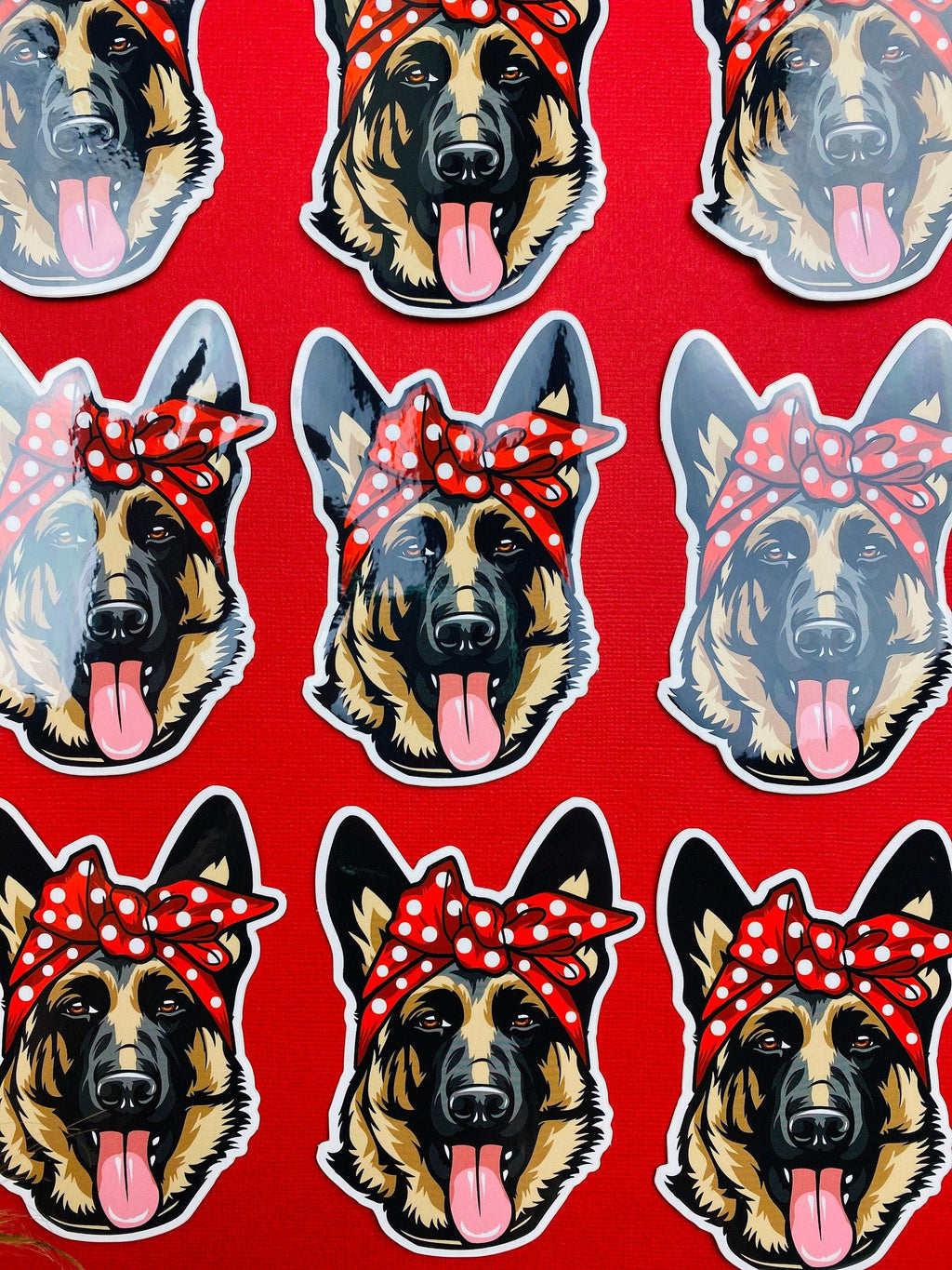 German Shepherd Sticker Red Polka Dot Bow Bandana Cute GSD Dog Decal for Car, Hydroflask, Gifts Under 5 for GSD Shepherd Mom Owner
